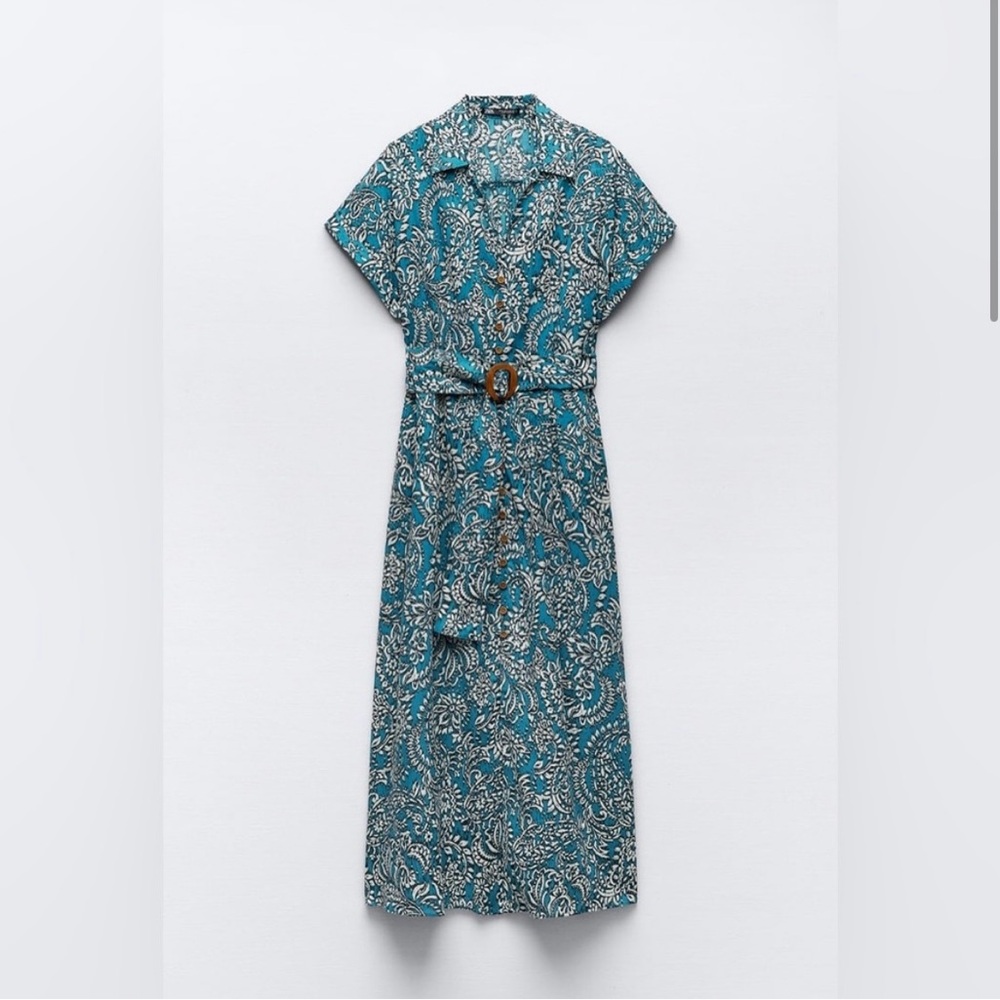Teal Paisley Button-Front Maxi Dress with Belt